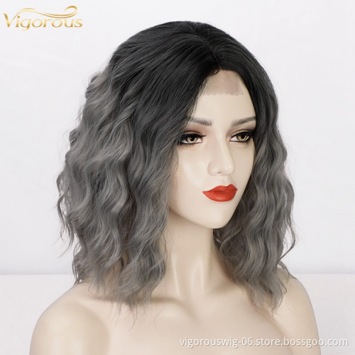 Shoulder Length Cheapest Top Quality Wholesale Glueless Bob Curly Wave Short Ombre Grey Synthetic U Part Lace Front Wig
